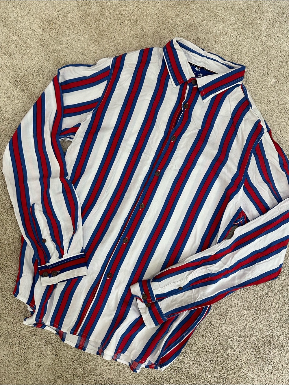 Men's Long-Sleeve Striped Button-Up Shirt - White with Red & Blue Stripes
